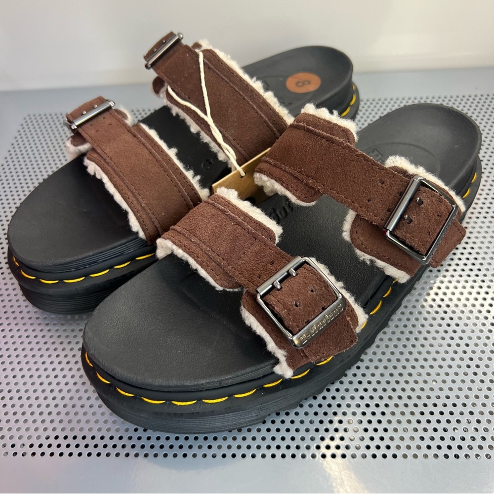 MYLES SUEDE FUR-LINED BUCKLE SLIDE SANDALS